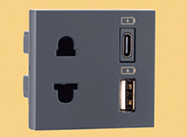 IndoAsian Make Shynora Combi Euro socket and USB Type C + Type A 3.1A 2 Module Grey Color